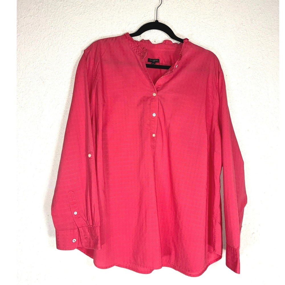 Talbots Pink Cotton Dobby Ruffle Collar Henley Blouse 2X